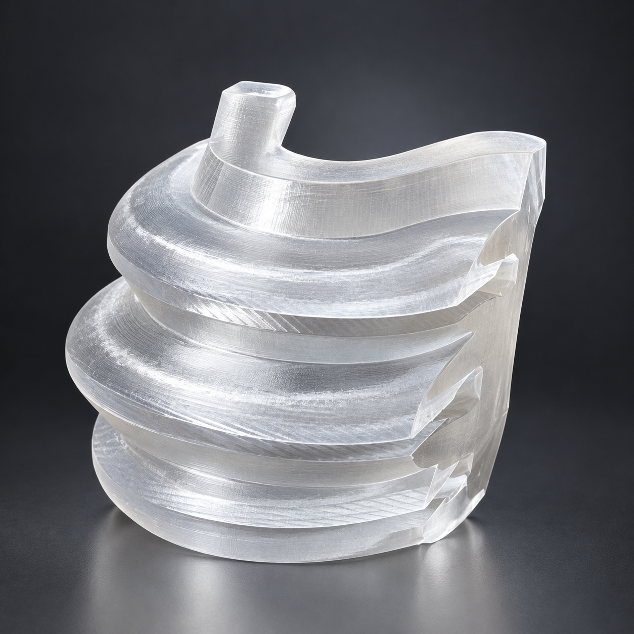 Pièce industrielle translucide en spirale imprimée en 3D résine
